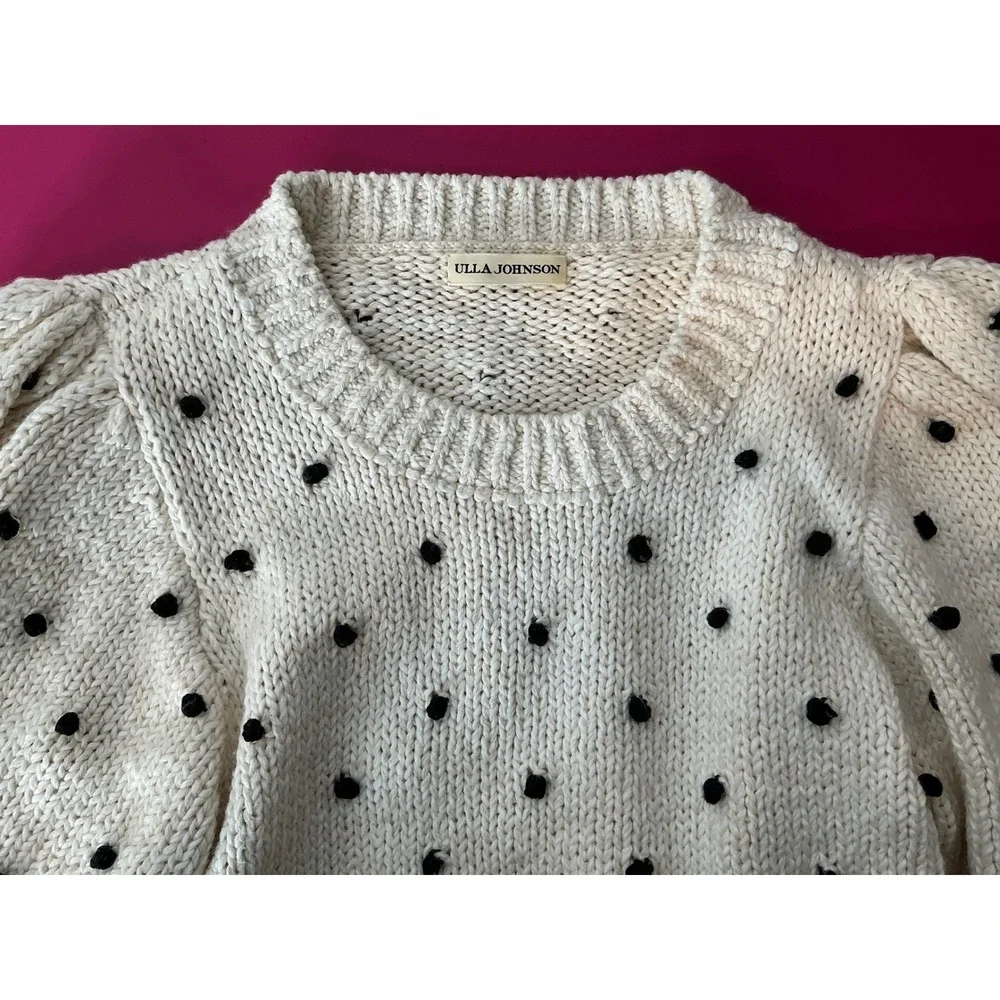 ULLA JOHNSON Womens Adalene Cream Black Pom Pom Puff Sleeve Cotton Sweater Sz M - Picture 4 of 11